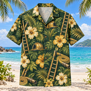Front view of Ladder Firefighter Hawaiian Shirt with original ladder motifs, with tropical botanical accents; no text or branded equipment