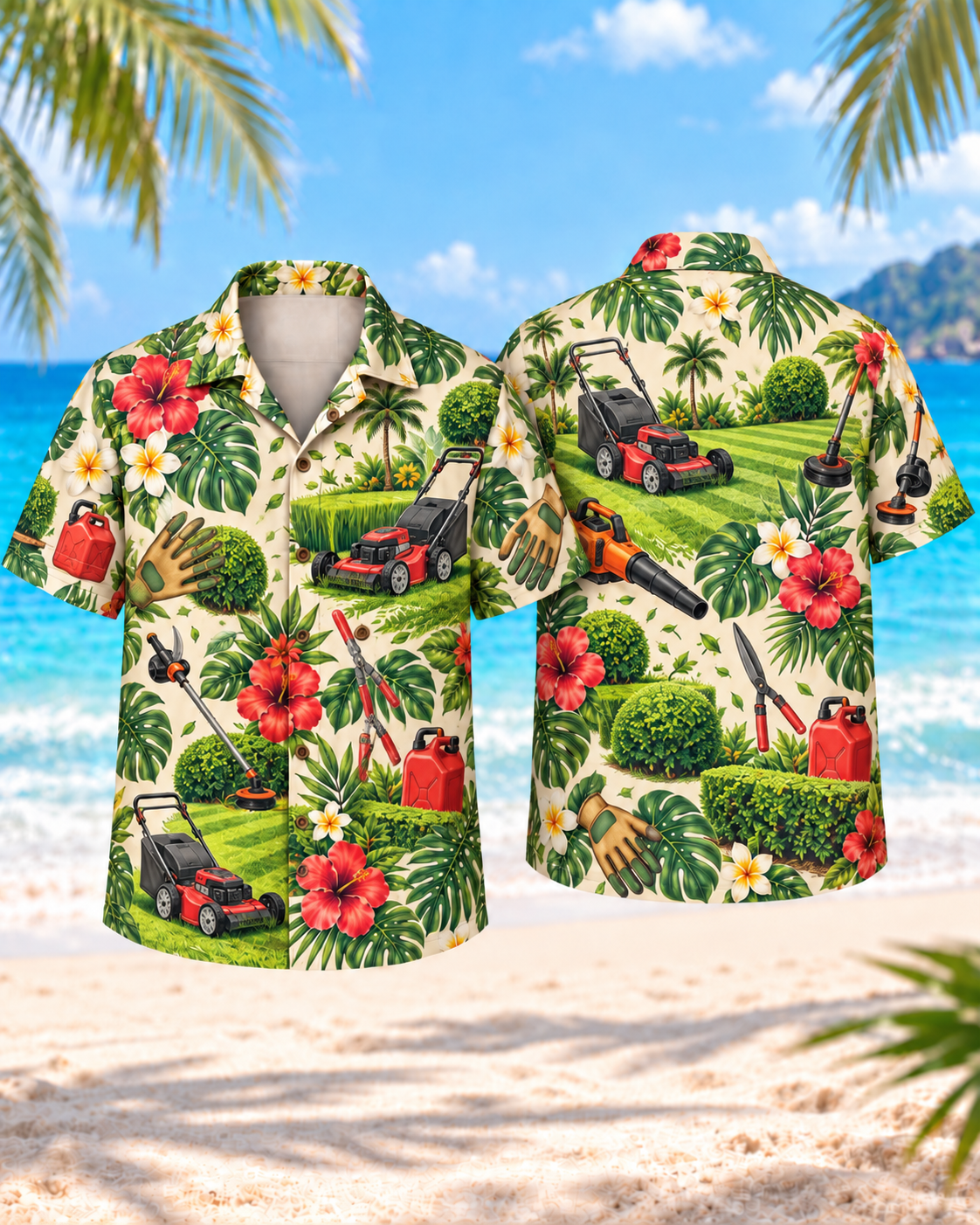 Landscaper lawn care Hawaiian shirt with lawn mower, trimmer, leaf blower and tropical floral print, front and back