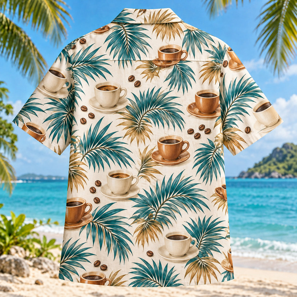 Back view of Latte Palm Specialty Coffee Hawaiian Shirt with matching artwork in cream, caramel, teal