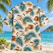 Back view of Latte Palm Specialty Coffee Hawaiian Shirt with matching artwork in cream, caramel, teal
