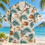 Front view of Latte Palm Specialty Coffee Hawaiian Shirt with plain coffee cups and palm fronds