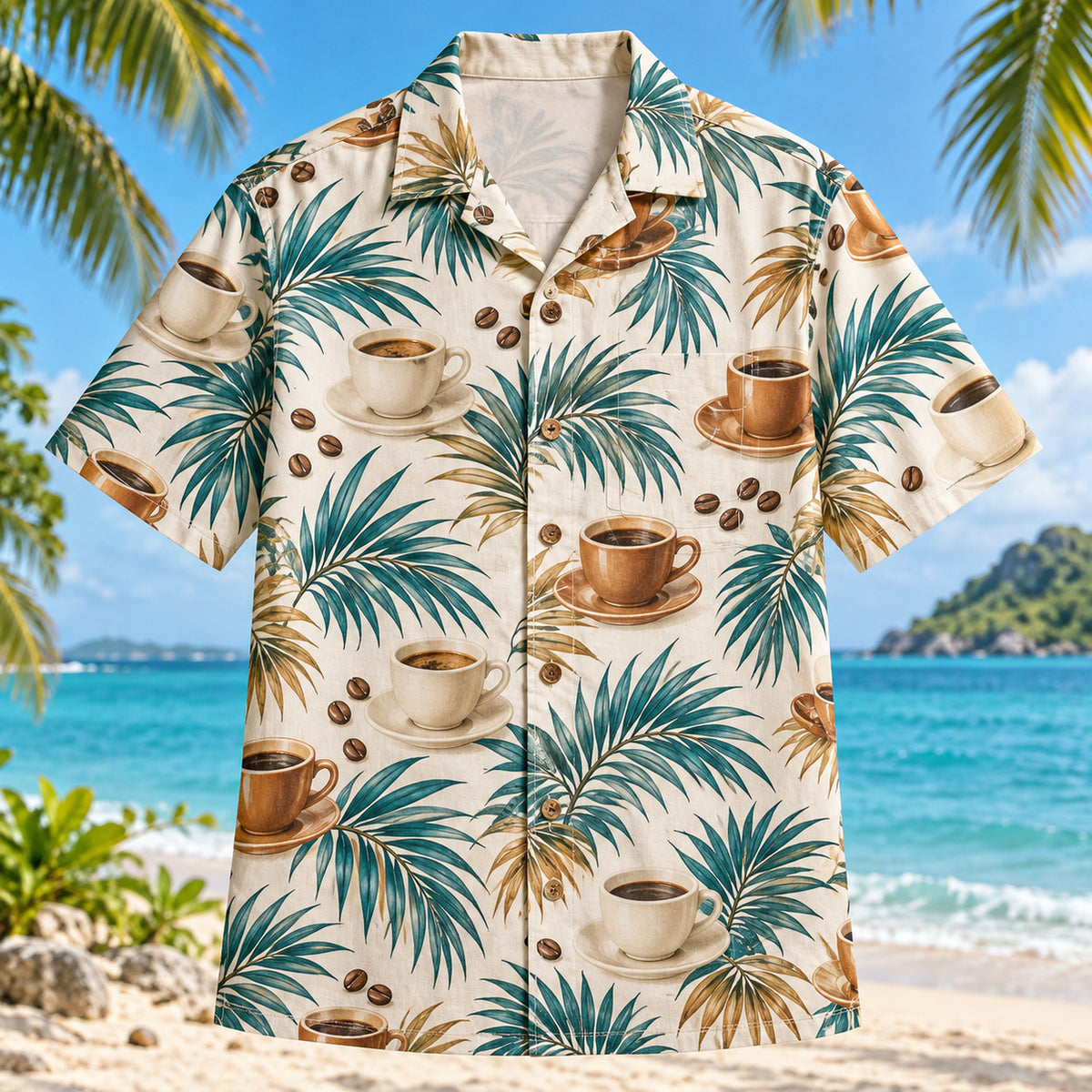 Front view of Latte Palm Specialty Coffee Hawaiian Shirt with plain coffee cups and palm fronds