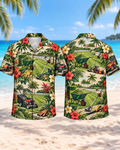 Lawn care tools Hawaiian shirt with mower, trimmer, blower, wheelbarrow and tropical garden print, front and back