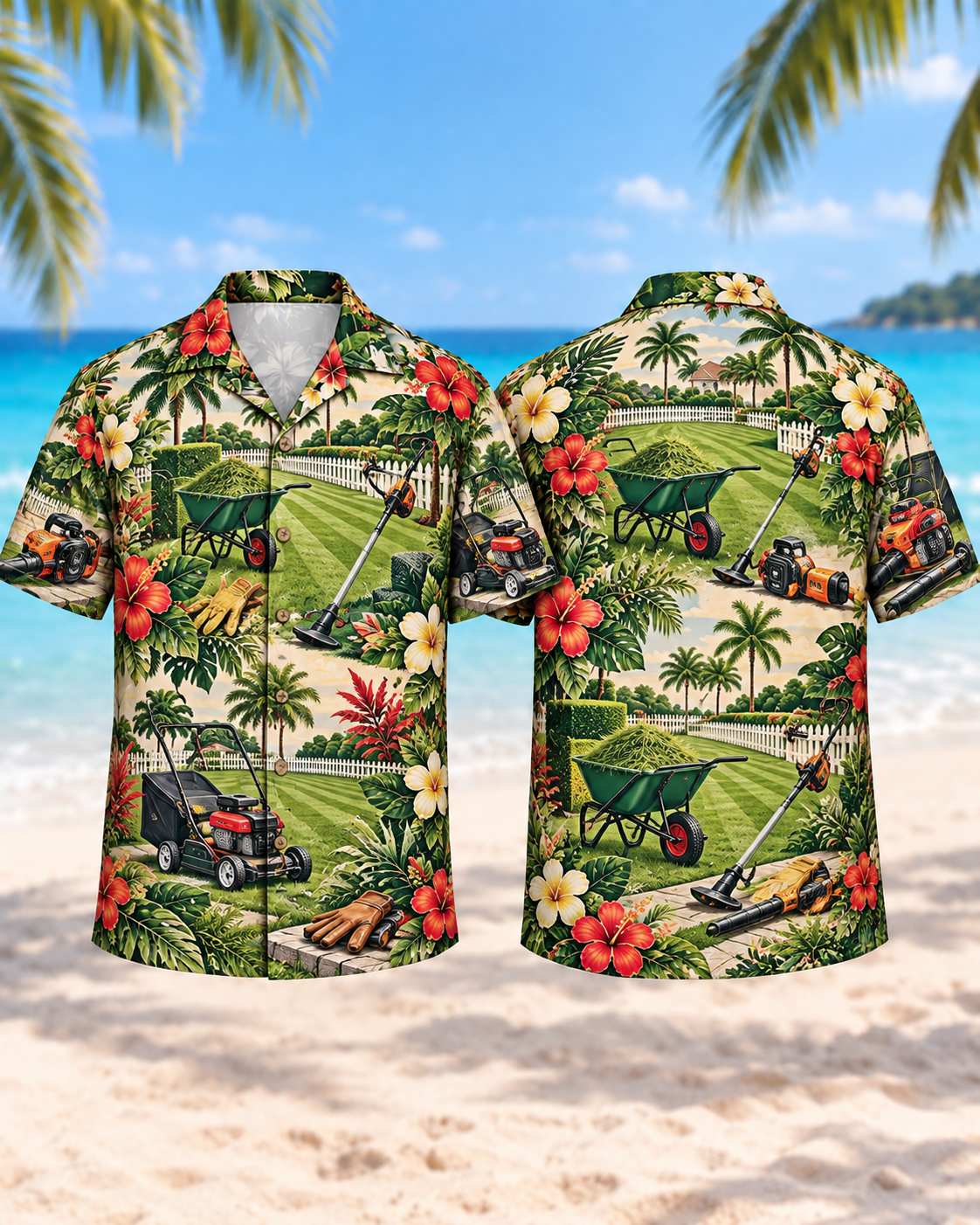 Lawn care tools Hawaiian shirt with mower, trimmer, blower, wheelbarrow and tropical garden print, front and back