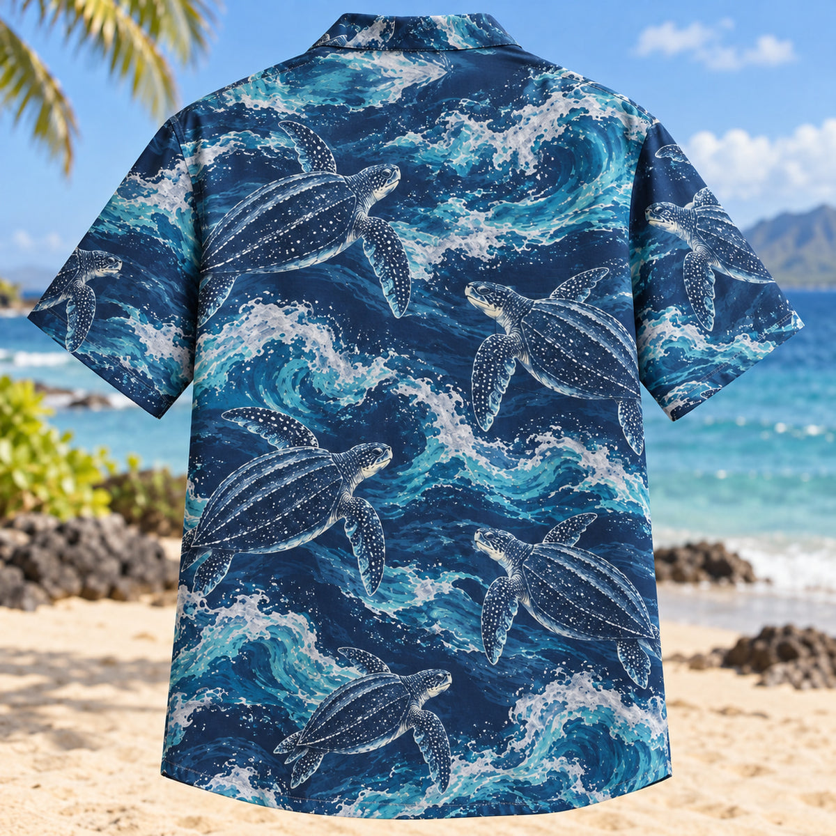 Back view of Leatherback Deep Blue Sea Turtle Hawaiian Shirt with matching artwork in navy, silver, aqua