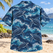 Back view of Leatherback Deep Blue Sea Turtle Hawaiian Shirt with matching artwork in navy, silver, aqua