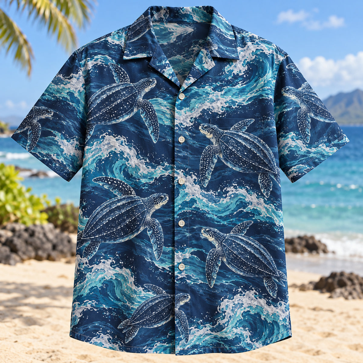 Front view of Leatherback Deep Blue Sea Turtle Hawaiian Shirt with leatherback sea turtles and gentle deep sea waves