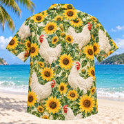 Back view of Leghorn Sunshine Chicken Hawaiian Shirt with matching artwork in white, red, yellow
