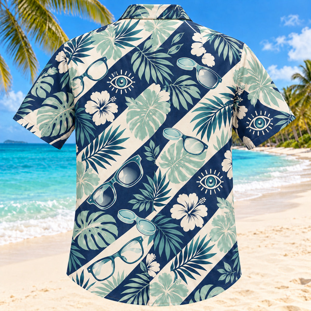 Back view of Lens and Palm Navy Optometrist Hawaiian Shirt with matching artwork in navy, aqua, warm cream