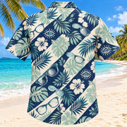 Back view of Lens and Palm Navy Optometrist Hawaiian Shirt with matching artwork in navy, aqua, warm cream