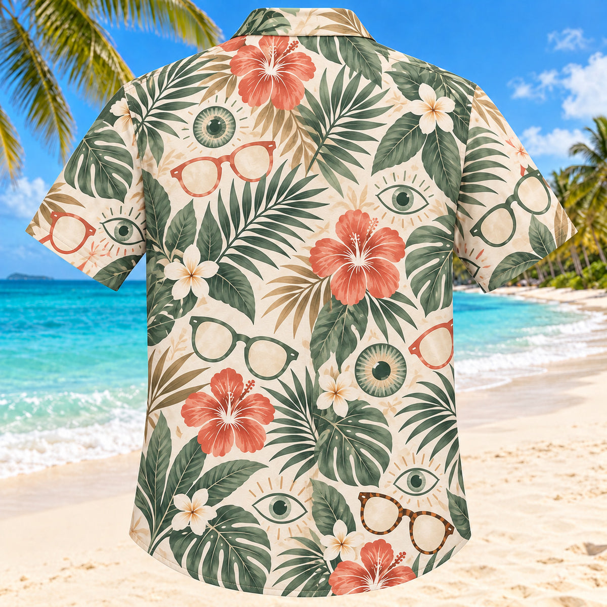 Back view of Lens and Palm Sage Optometrist Hawaiian Shirt with matching artwork in sage, sand, coral