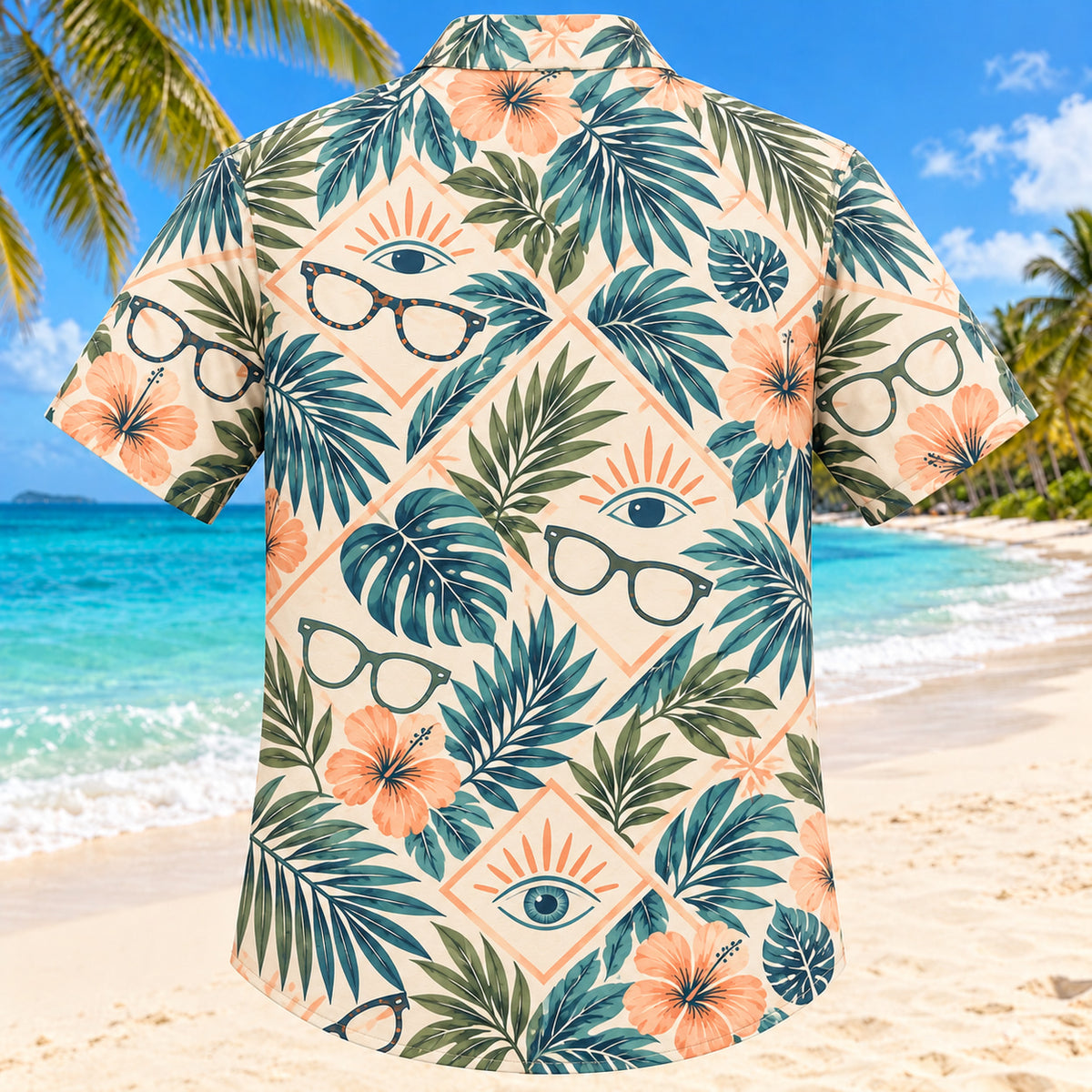 Back view of Lens and Palm Sunset Optometrist Hawaiian Shirt with matching artwork in sunset peach, sea blue, olive