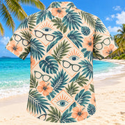 Back view of Lens and Palm Sunset Optometrist Hawaiian Shirt with matching artwork in sunset peach, sea blue, olive