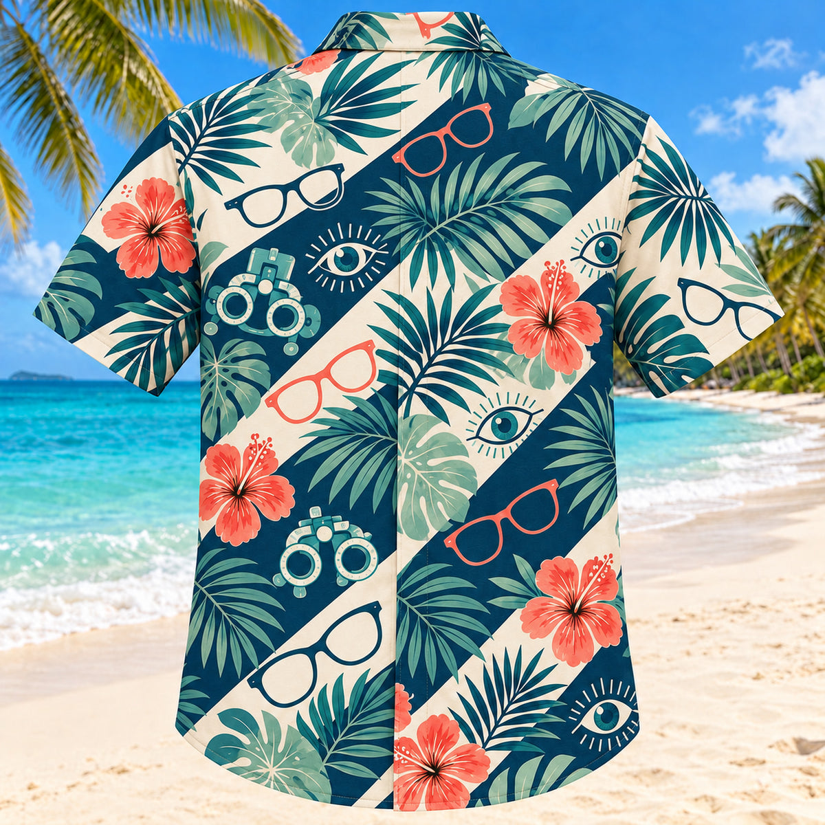 Back view of Lens and Palm Teal Optometrist Hawaiian Shirt with matching artwork in deep teal, ivory, coral
