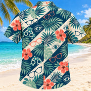 Back view of Lens and Palm Teal Optometrist Hawaiian Shirt with matching artwork in deep teal, ivory, coral