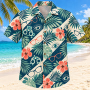 Front view of Lens and Palm Teal Optometrist Hawaiian Shirt with original unbranded lens frames and palm fronds in a airy diagonal repeat