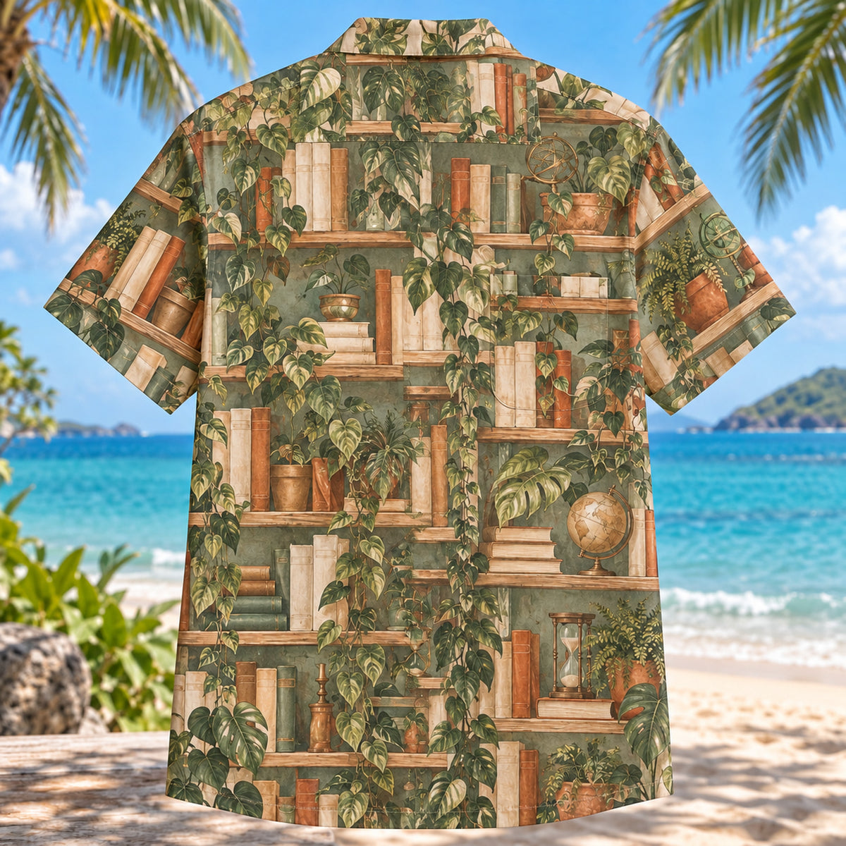 Back view of Library Garden Book Lover Hawaiian Shirt with matching artwork in sage, tan, rust