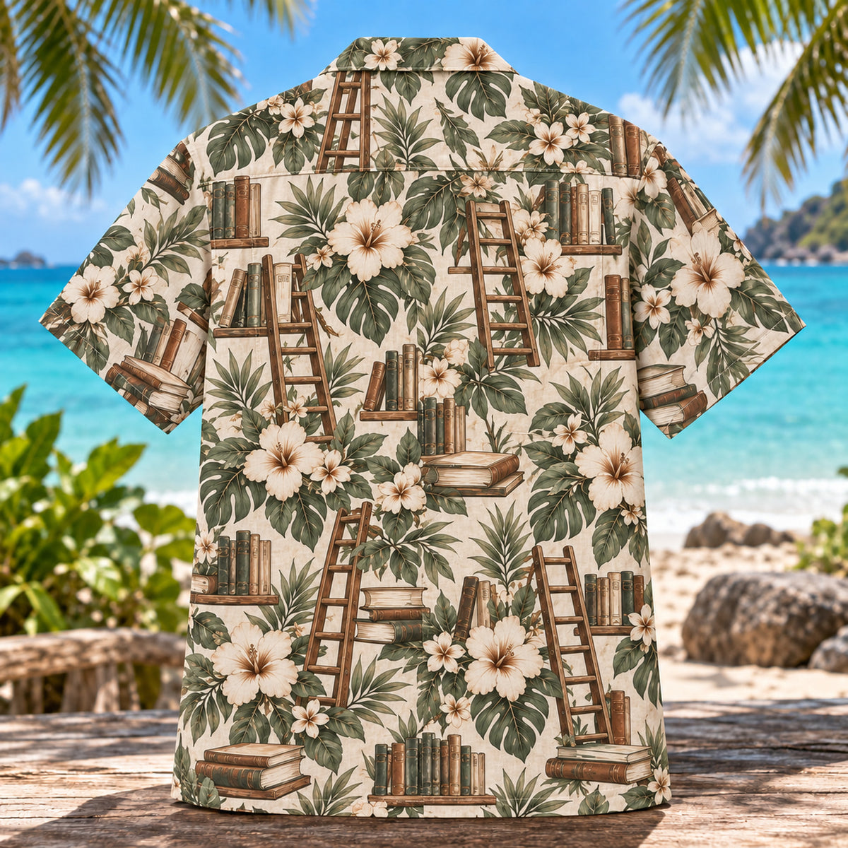 Back view of Library Ladder Book Lover Hawaiian Shirt with matching artwork in walnut, sage, cream