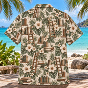 Back view of Library Ladder Book Lover Hawaiian Shirt with matching artwork in walnut, sage, cream