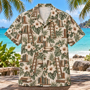 Front view of Library Ladder Book Lover Hawaiian Shirt with generic library ladders and blank books among flowers