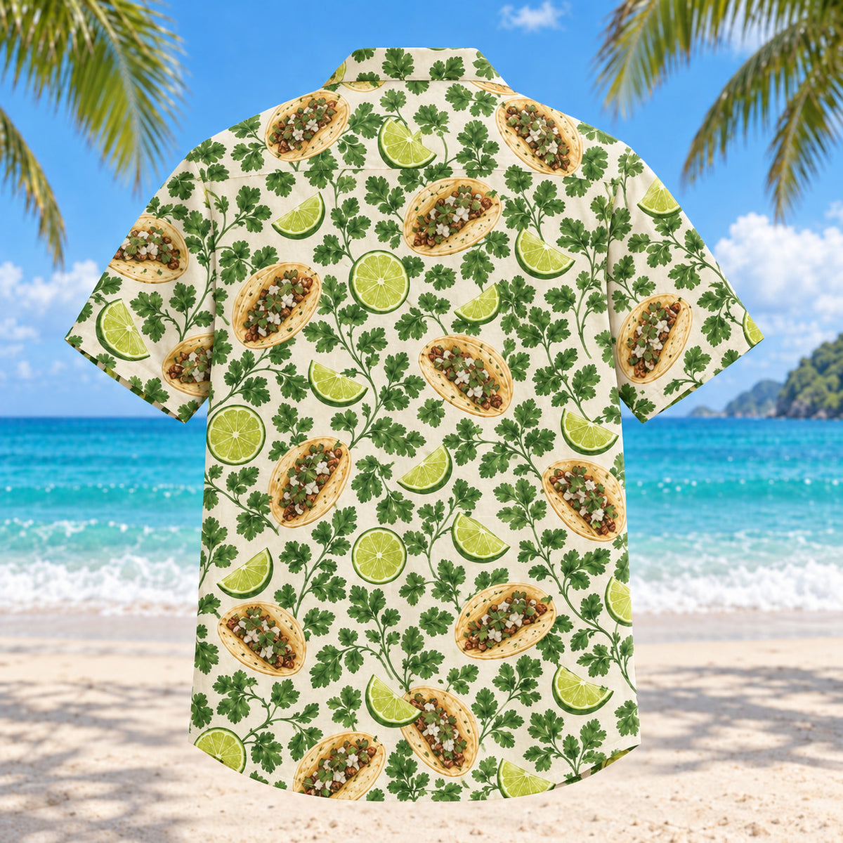 Back view of Lime and Cilantro Taco Hawaiian Shirt with matching artwork in lime green, ivory, forest green
