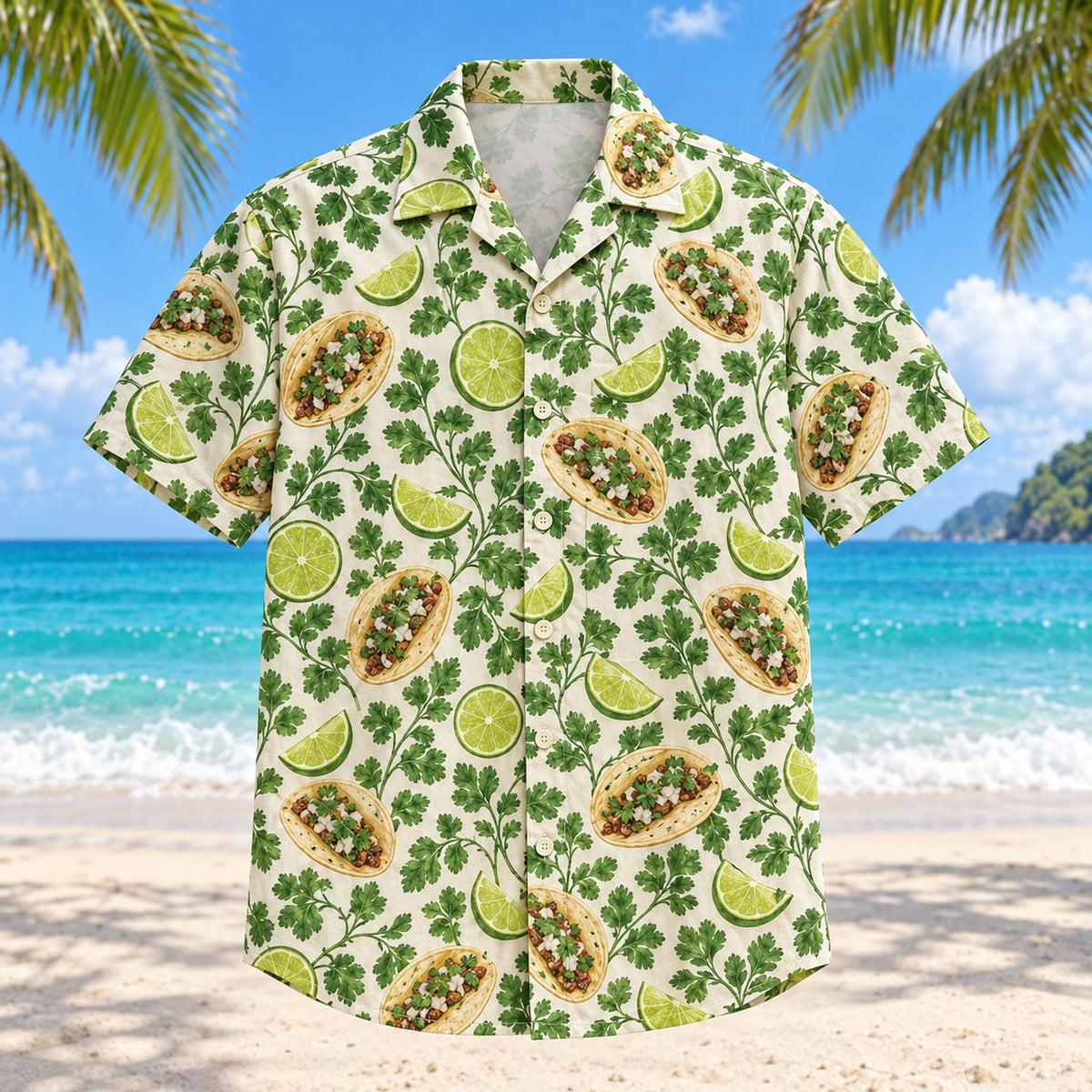 Front view of Lime and Cilantro Taco Hawaiian Shirt with lime slices, cilantro sprigs and small illustrated tacos in an airy botanical repeat