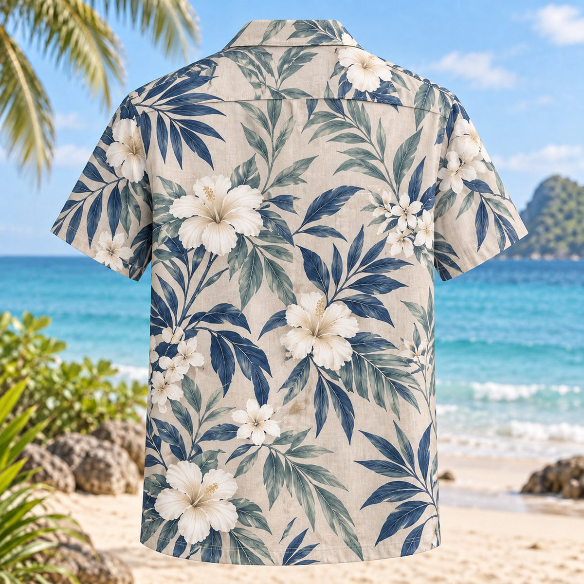 Back view of Linen Leaf Beach Wedding Hawaiian Shirt with matching artwork in navy, white, sea glass
