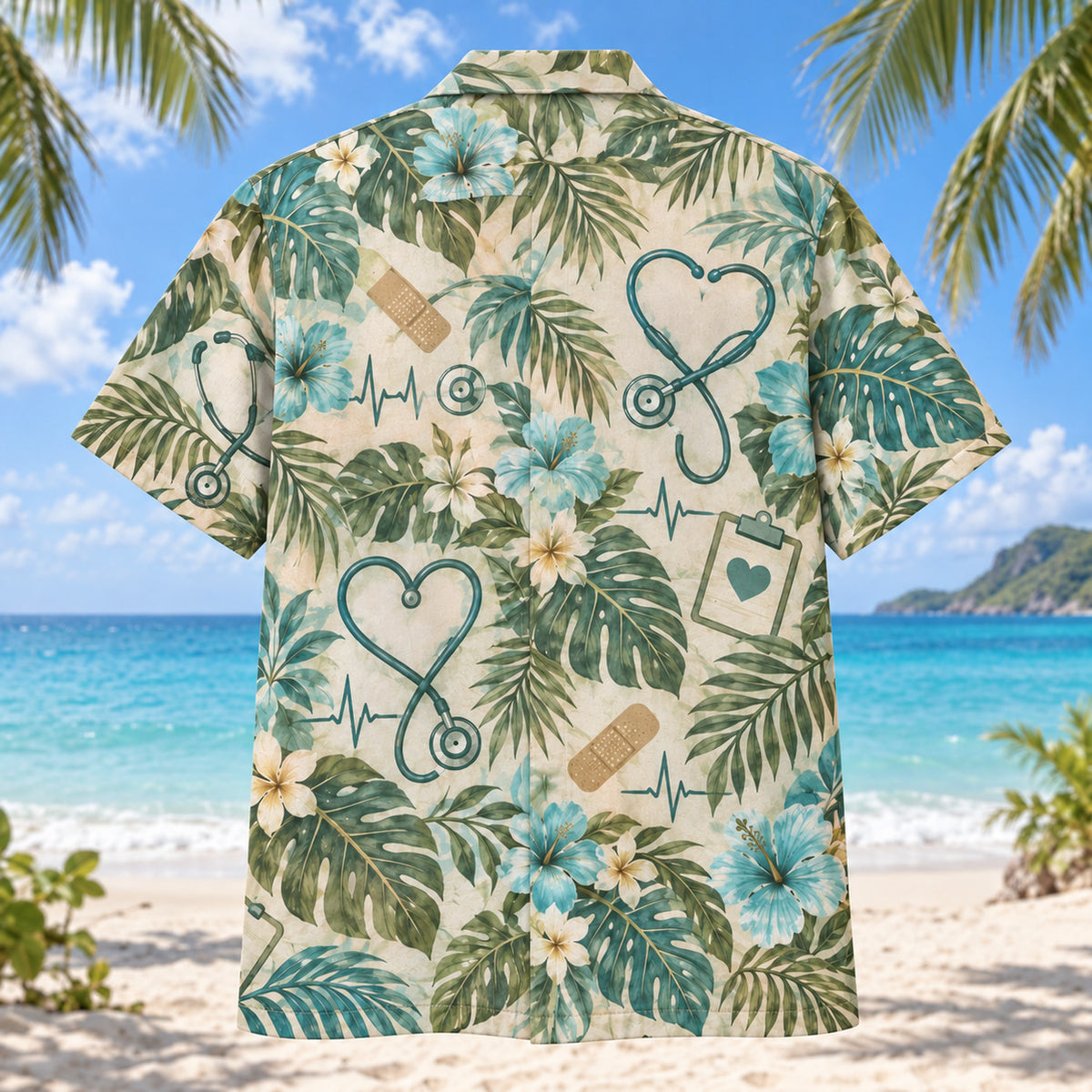 Back view of Listening Heart Nurse Hawaiian Shirt with matching artwork in moss, aqua, sand