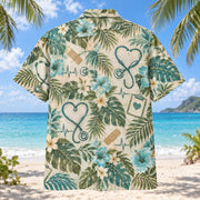 Back view of Listening Heart Nurse Hawaiian Shirt with matching artwork in moss, aqua, sand