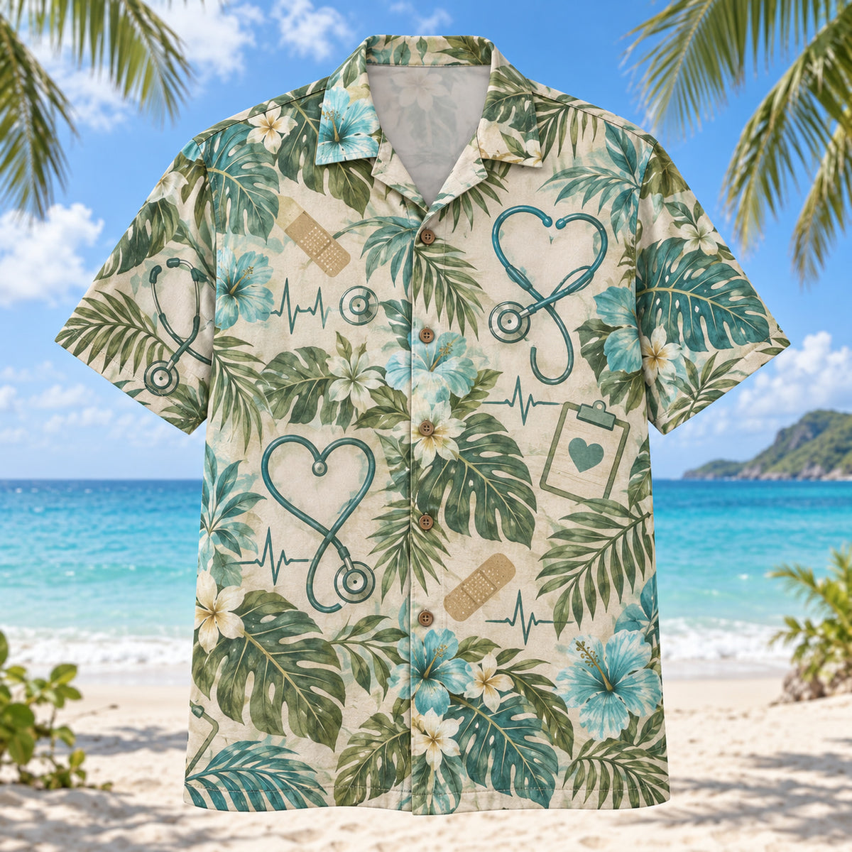 Front view of Listening Heart Nurse Hawaiian Shirt with original listening heart motifs, with tropical botanical accents; no text or branded equipment