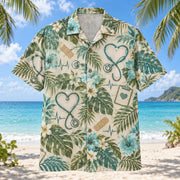 Front view of Listening Heart Nurse Hawaiian Shirt with original listening heart motifs, with tropical botanical accents; no text or branded equipment