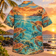 Back view of Loggerhead Sunset Sea Turtle Hawaiian Shirt with matching artwork in rust, gold, aqua