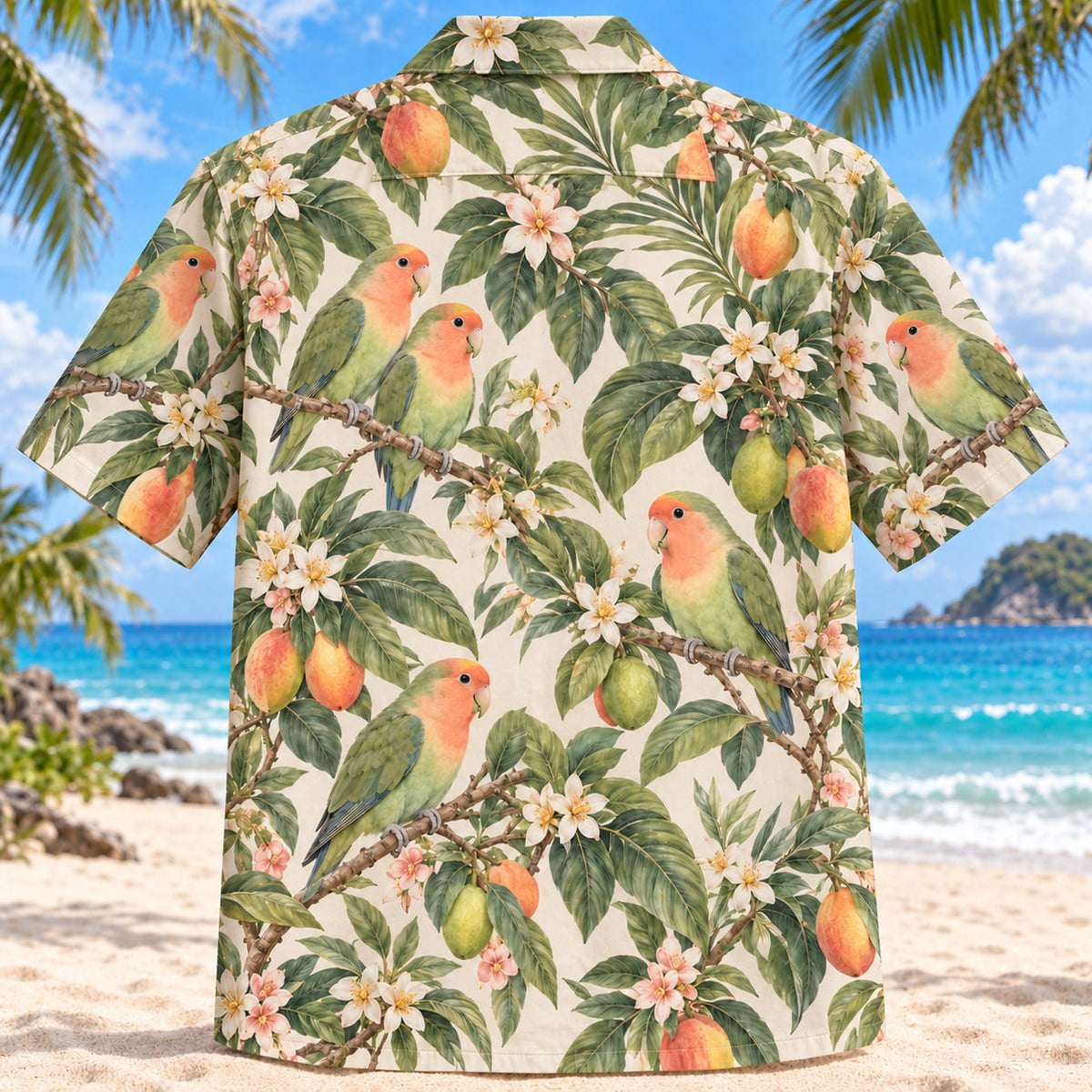 Back view of Lovebird Orchard Parrot Hawaiian Shirt with matching pet parrot artwork in peach, mint, olive, cream