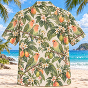 Back view of Lovebird Orchard Parrot Hawaiian Shirt with matching pet parrot artwork in peach, mint, olive, cream