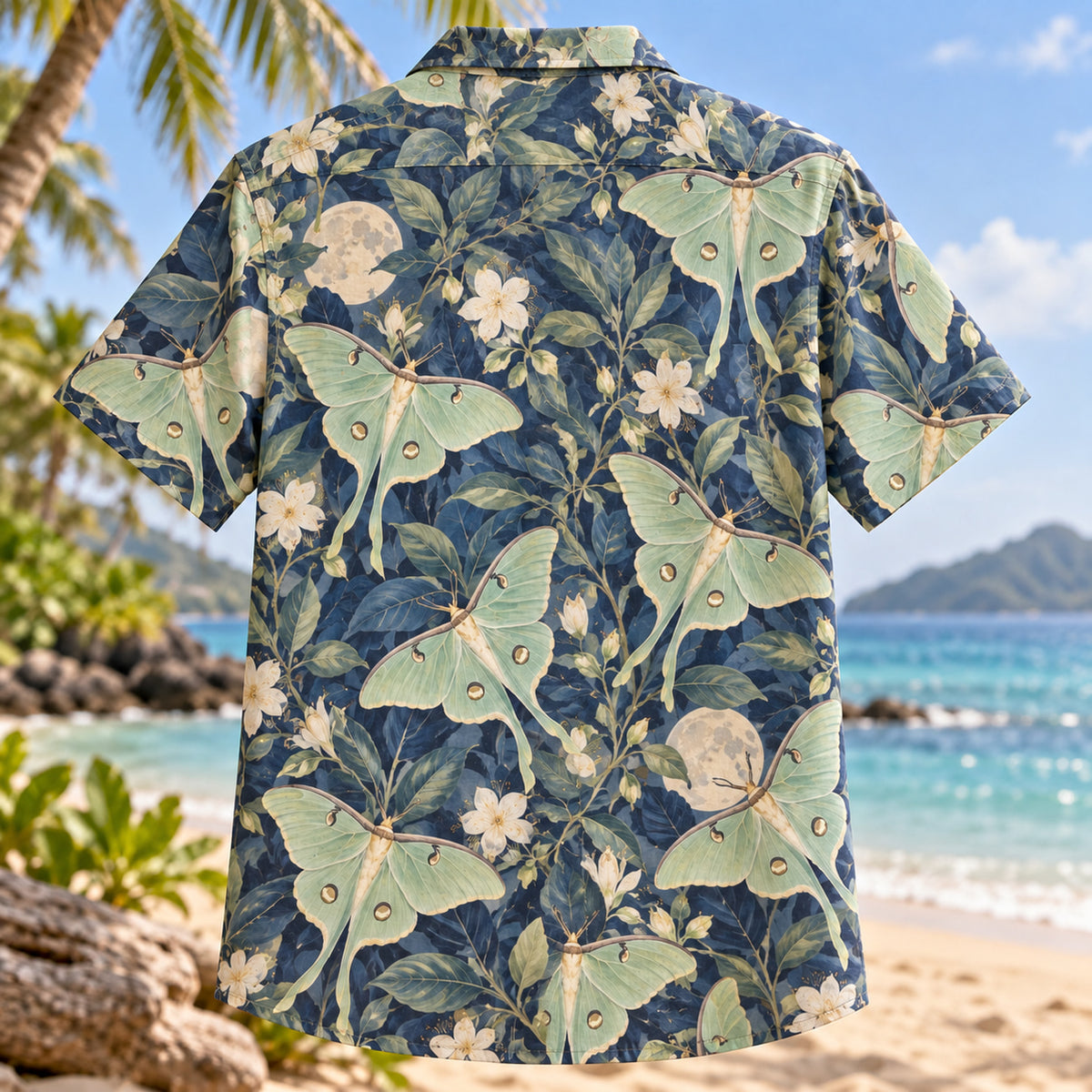 Back view of Luna Moth Moon Butterfly and Moth Hawaiian Shirt with matching artwork in mint, cream, indigo