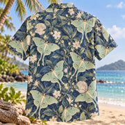 Back view of Luna Moth Moon Butterfly and Moth Hawaiian Shirt with matching artwork in mint, cream, indigo