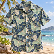 Front view of Luna Moth Moon Butterfly and Moth Hawaiian Shirt with luna moths among moonlit leaves