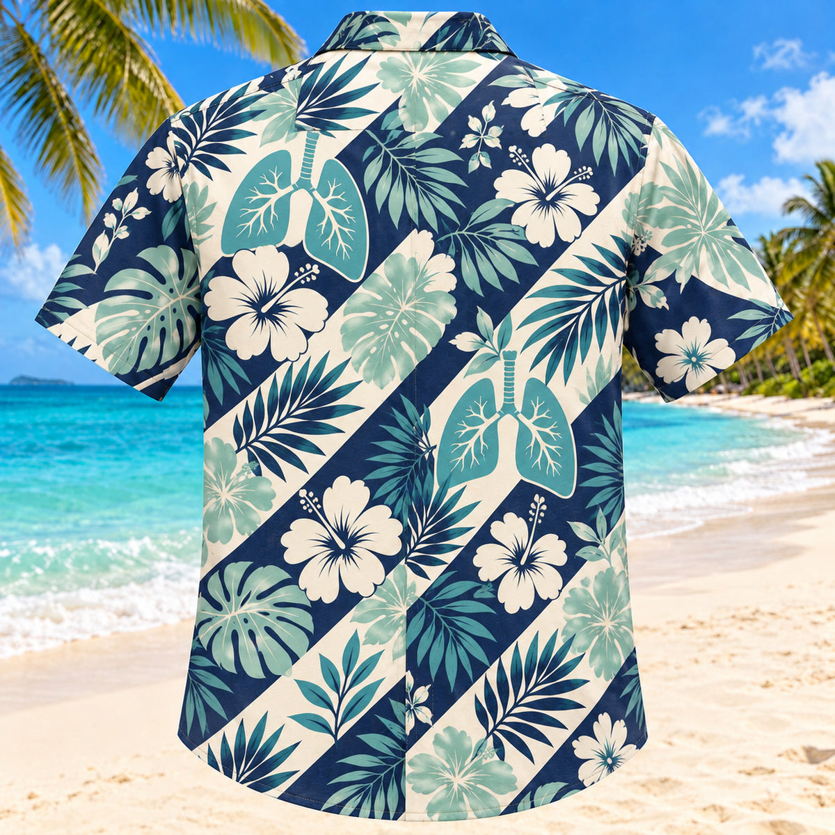 Back view of Lung Botanical Navy Respiratory Therapist Hawaiian Shirt with matching artwork in navy, aqua, warm cream