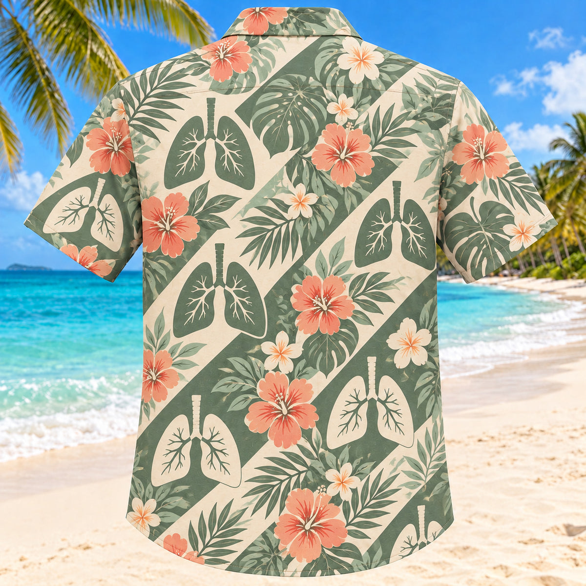 Back view of Lung Botanical Sage Respiratory Therapist Hawaiian Shirt with matching artwork in sage, sand, coral