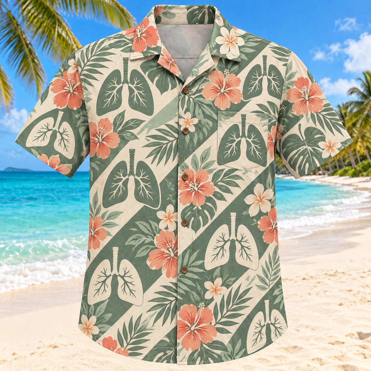 Front view of Lung Botanical Sage Respiratory Therapist Hawaiian Shirt with original original simplified lung silhouettes and florals in a relaxed botanical clusters