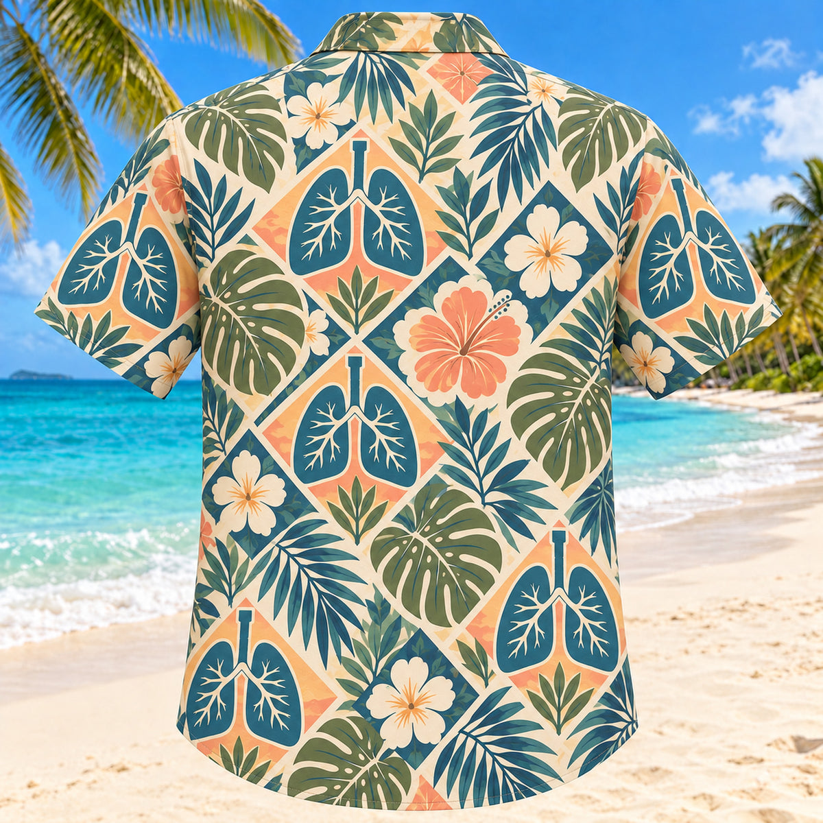 Back view of Lung Botanical Sunset Respiratory Therapist Hawaiian Shirt with matching artwork in sunset peach, sea blue, olive