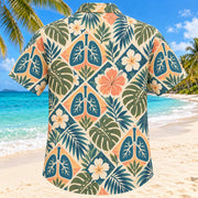 Back view of Lung Botanical Sunset Respiratory Therapist Hawaiian Shirt with matching artwork in sunset peach, sea blue, olive