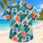 Back view of Lung Botanical Teal Respiratory Therapist Hawaiian Shirt with matching artwork in deep teal, ivory, coral