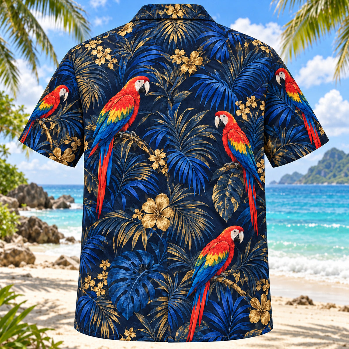 Back view of Macaw Midnight Parrot Hawaiian Shirt with matching pet parrot artwork in midnight navy, cobalt, scarlet, gold