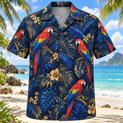 Front view of Macaw Midnight Parrot Hawaiian Shirt with original scarlet macaws among dark palms and small gold flowers