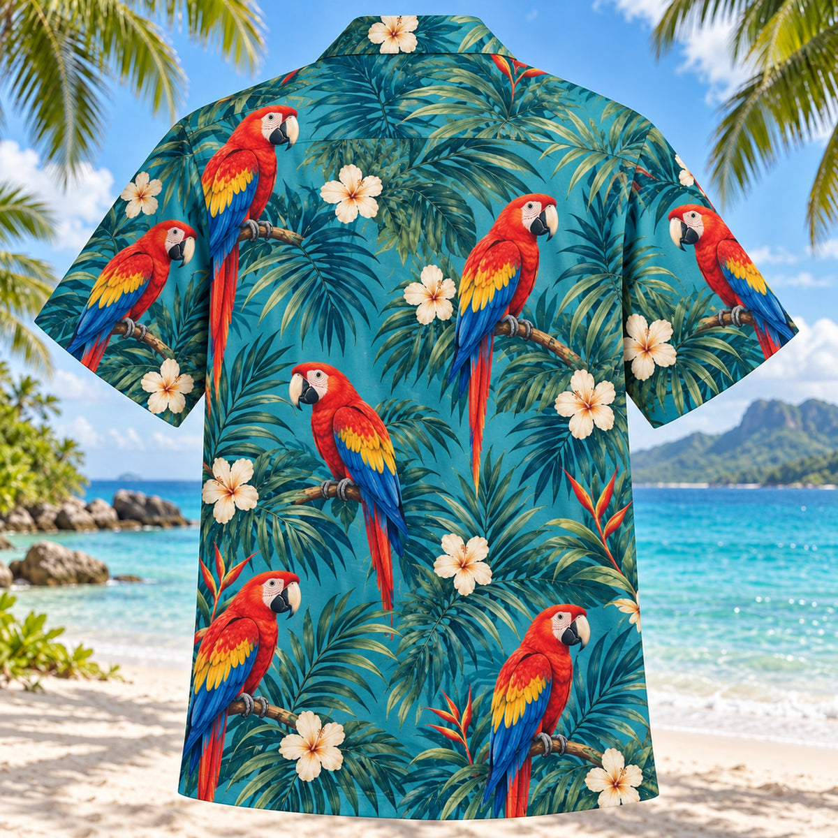 Back view of Macaw Palm Parrot Hawaiian Shirt with matching macaw and palm artwork