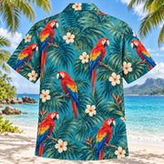 Back view of Macaw Palm Parrot Hawaiian Shirt with matching macaw and palm artwork