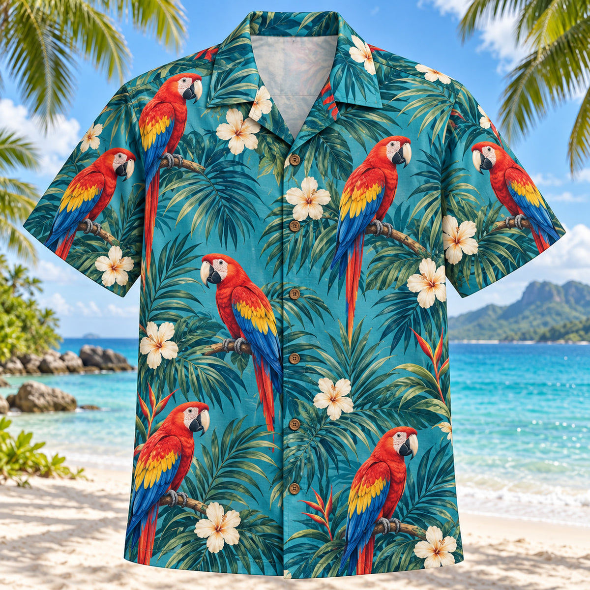 Front view of Macaw Palm Parrot Hawaiian Shirt with scarlet macaws and teal palm leaves