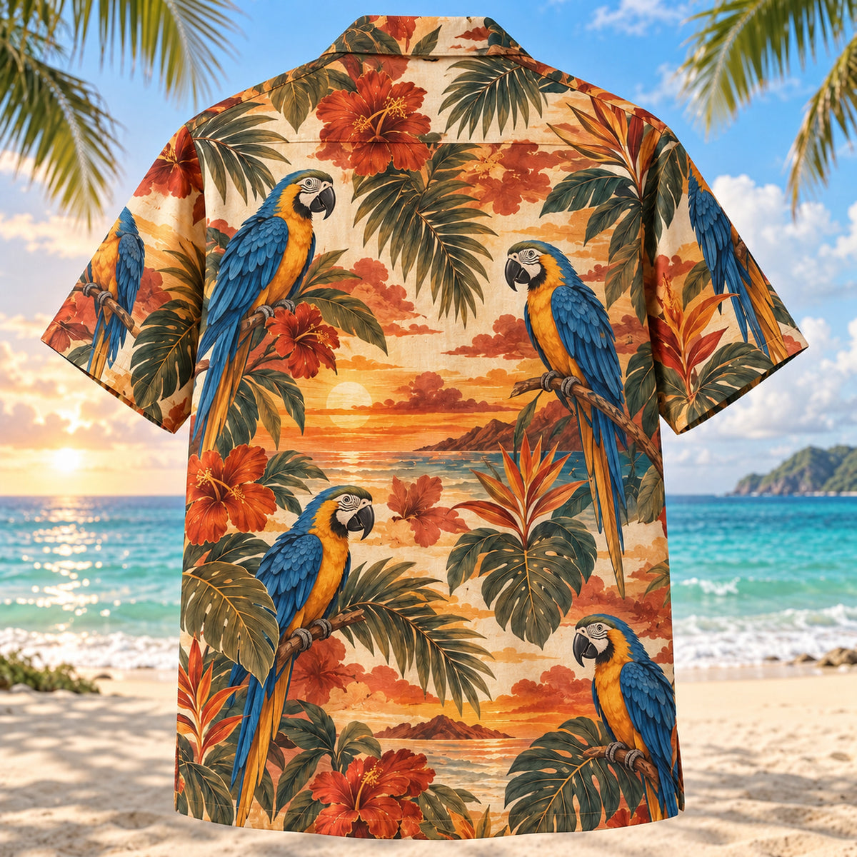 Back view of Macaw Sunset Parrot Hawaiian Shirt with matching pet parrot artwork in terracotta, amber, deep blue, cream