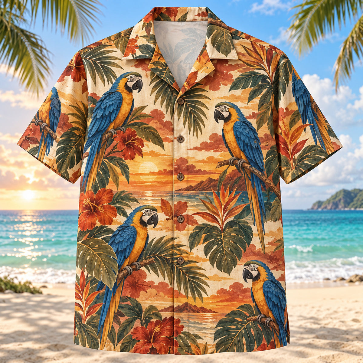 Front view of Macaw Sunset Parrot Hawaiian Shirt with original blue-and-gold macaws perched among sunset-lit tropical leaves
